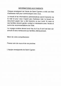 Information parents - équipe enseignante
