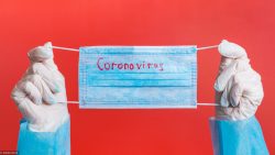 Female hands in medical gloves holding protective mask with coronavirus text on it at red background. Health care concept. Coronavirus concept.