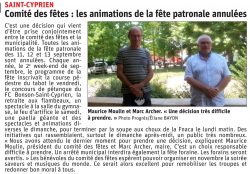 Article Le Progrès - Annulation de la fête patronalen