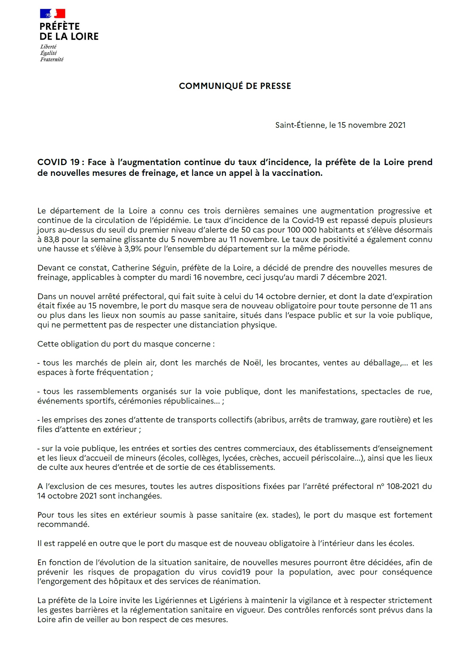 Communiqué Presse nouvelles mesures sanitaires 211115 page1