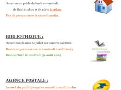 horaires Mairie, Biblio, Agence postale Eté 2024