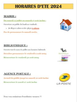 horaires Mairie, Biblio, Agence postale Eté 2024
