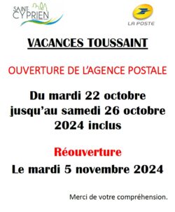 OUVERTURE agence postale vacances toussaint