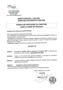 Arrêté municipal n°205-2024 - fermeture provisoire cimetière (travaux)