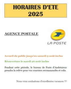 horaires Agence postale Eté 2025