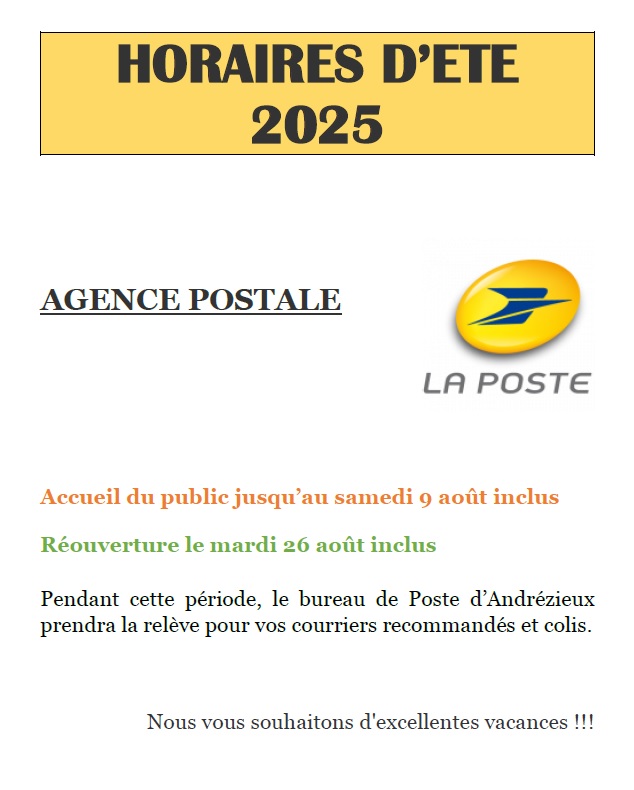 horaires Agence postale Eté 2025