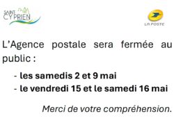 fermeture Agence postale 02-05, 09-05, 15 et 16-05