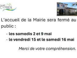 fermeture Mairie 02-05, 09-05, 15 et 16-05